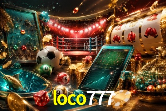 Escena dinámica inspirada en casino con iluminación loco777, cartas, fichas e íconos de juegos digitales en un espacio moderno de juegos.
